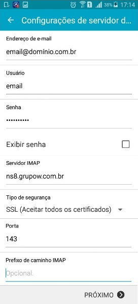 Smartphone Android: Dados do IMAP