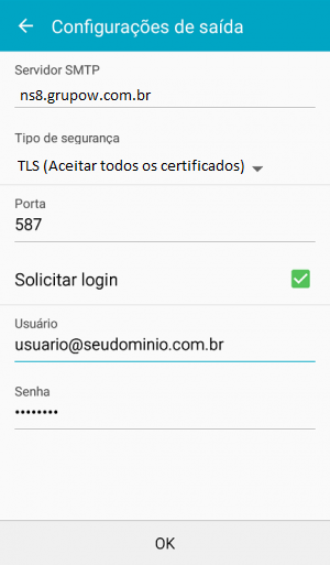 Smartphone Android: Dados de SMTP