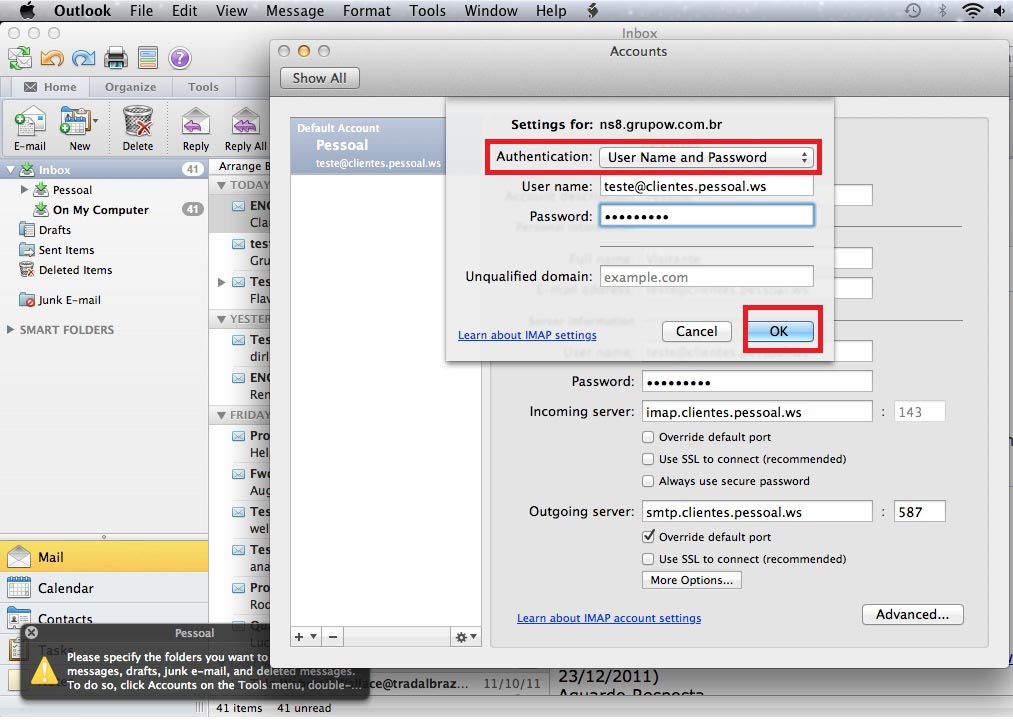 Microsoft Outlook 2011 e anteriores: Dados da conta