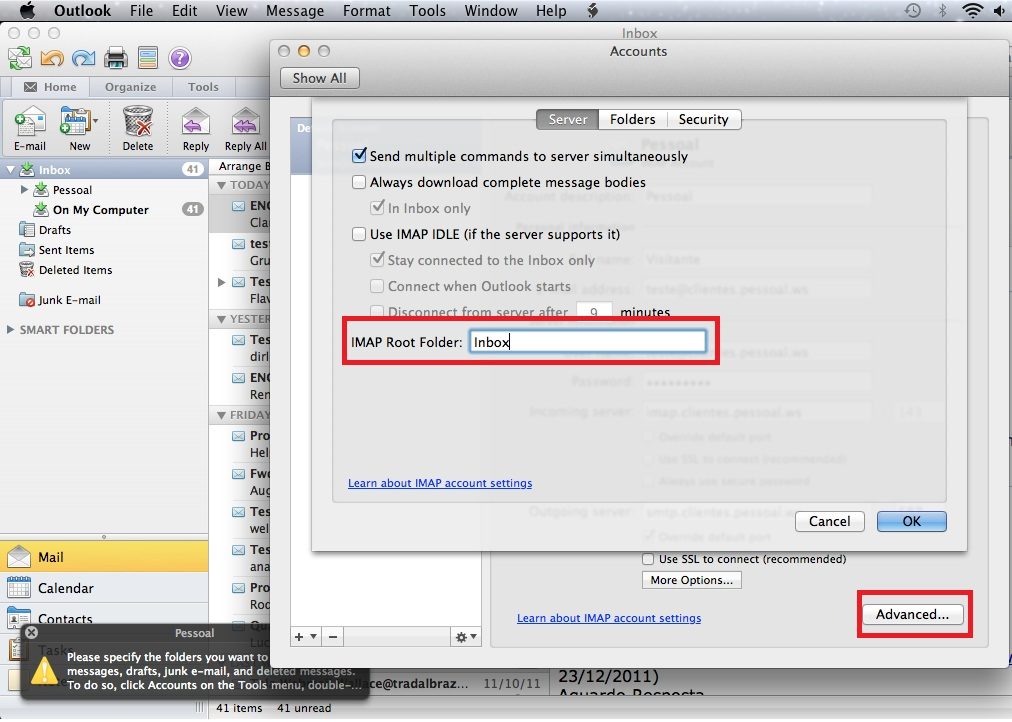 Microsoft Outlook 2011 e anteriores: Configuração avançada