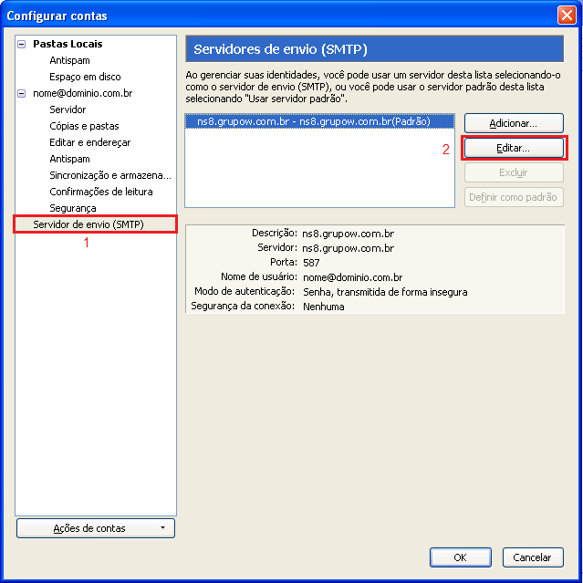 Thunderbird: Servidor de envio