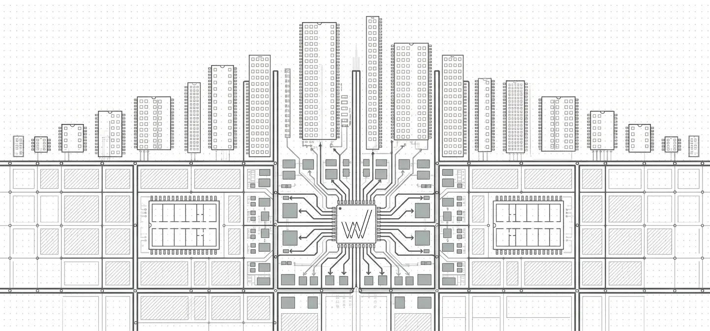 Mapa técnico urbano com prédios e circuitos digitais